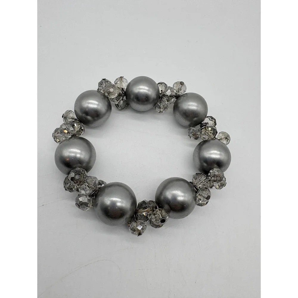 Chunky‎ Silver Faux Pearl and Faceted Crystal Beaded Stretch Statement Bracelet